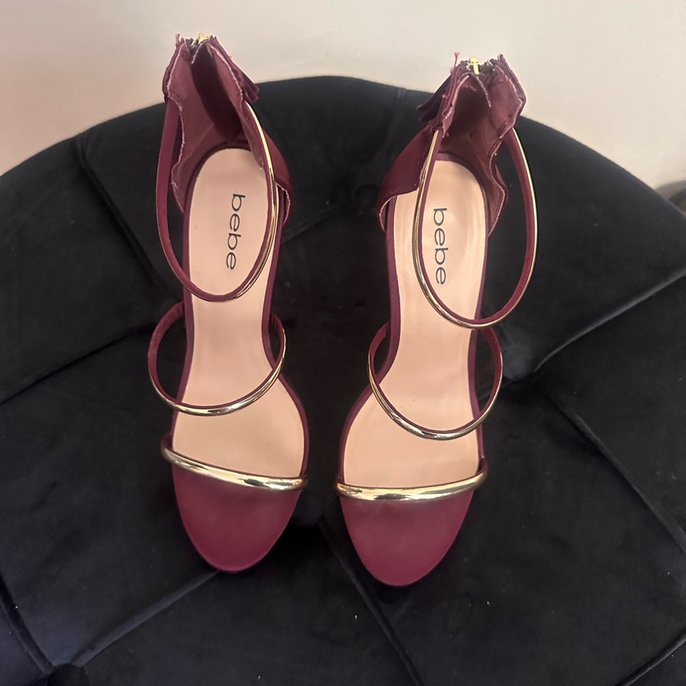 Bebe Red and Gold Heels with T-Strap Design